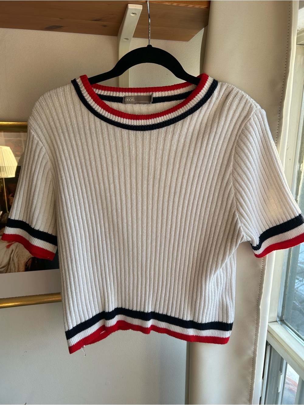 ASOS White Ribbed Short-Sleeve Sweater with Red & Navy Trim